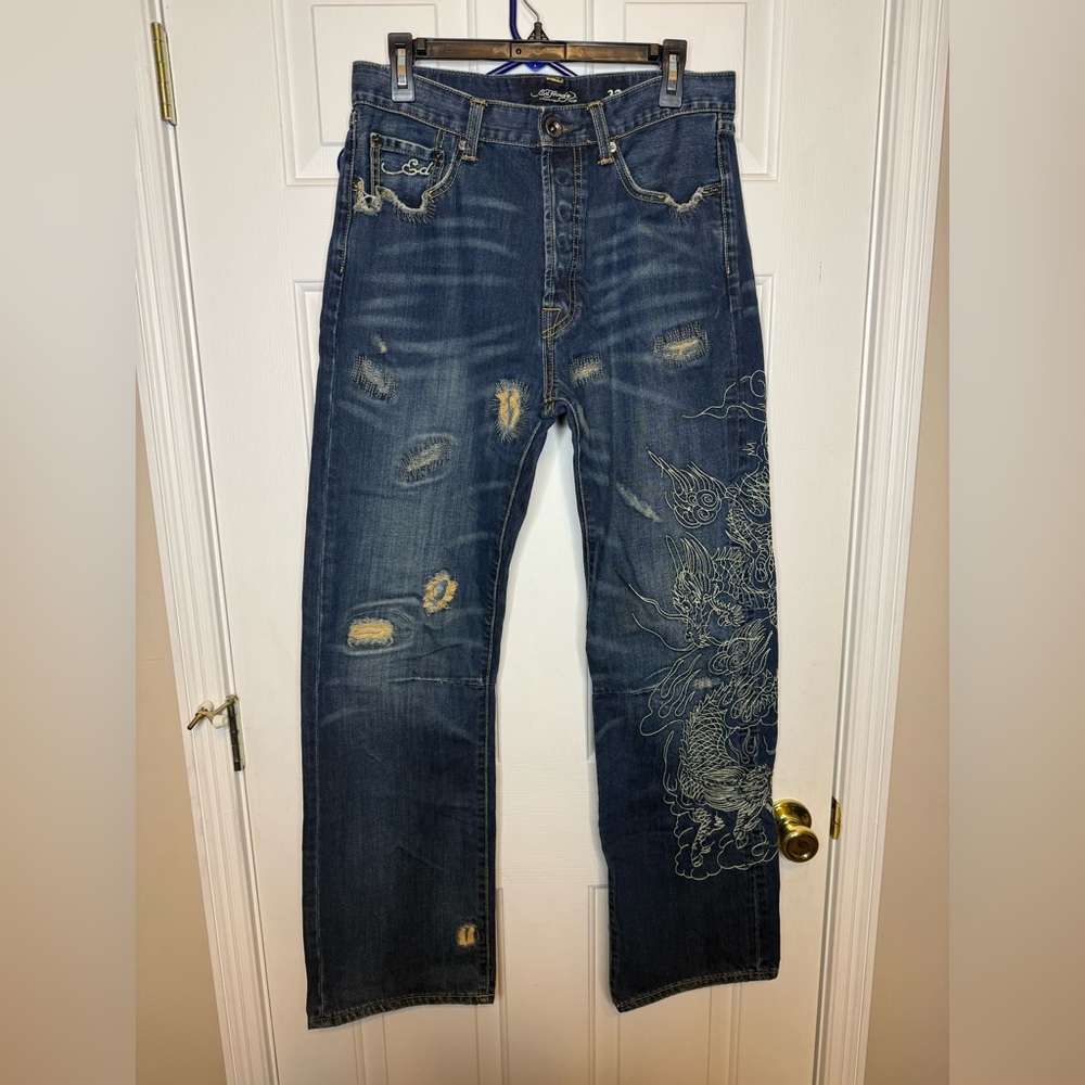 Ed Hardy by Christian Audigier Men's Dragon Embroidered Jean Blue 32 x 32 NWOT